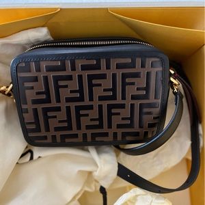 Fendi FF Mini Leather Camera Bag in black FF leather brown and black